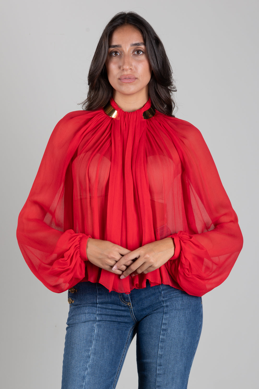 Elisabetta Franchi Blusa In Crêponne con Collo Gioiello CA18966E2 RED PASSION