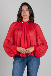 Elisabetta Franchi Blusa In Crêponne con Collo Gioiello CA18966E2 RED PASSION