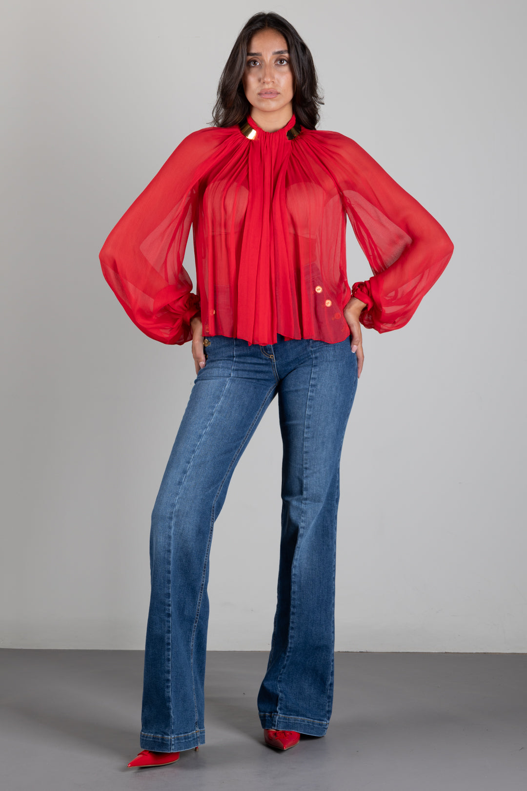 Elisabetta Franchi Blusa In Crêponne con Collo Gioiello CA18966E2 RED PASSION