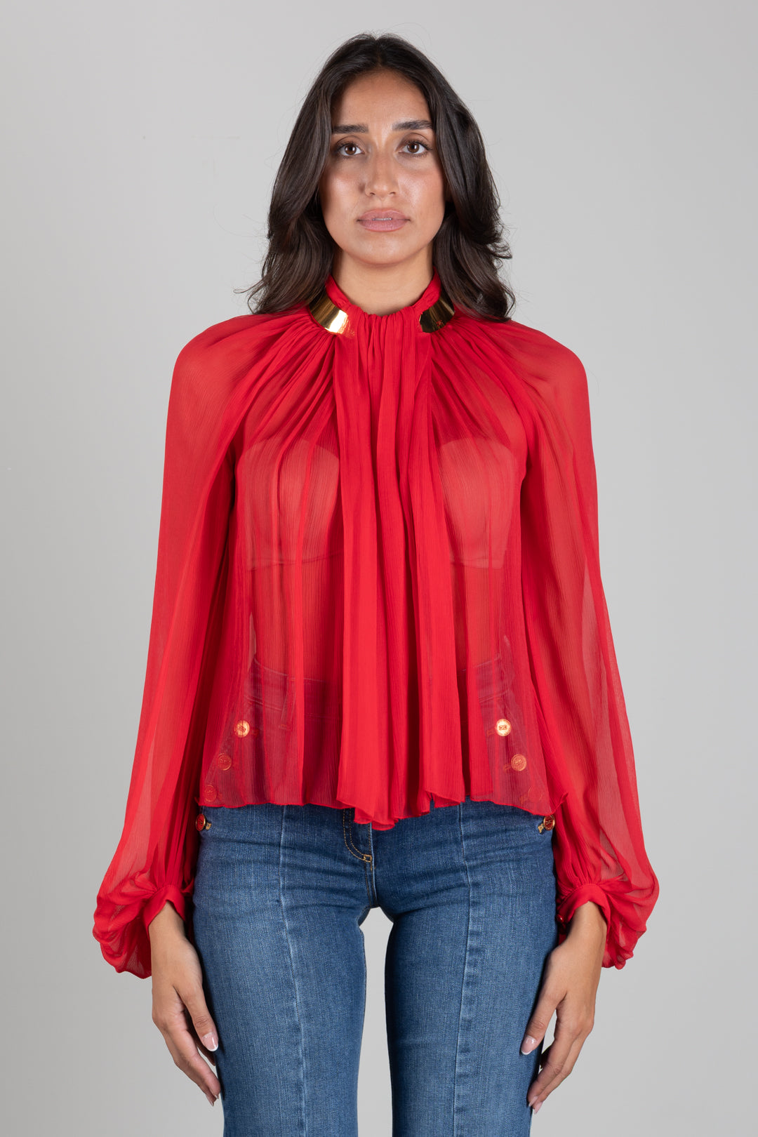 Elisabetta Franchi Blusa In Crêponne con Collo Gioiello CA18966E2 RED PASSION