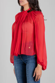 Elisabetta Franchi Blusa In Crêponne con Collo Gioiello CA18966E2 RED PASSION