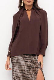 Elisabetta Franchi Blusa In Georgette con Collo In Metallo Oro CA12961E2 CACAO