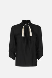 Elisabetta Franchi Blusa In Georgette con Fiocco Logo CA17866E2 NERO/BURRO