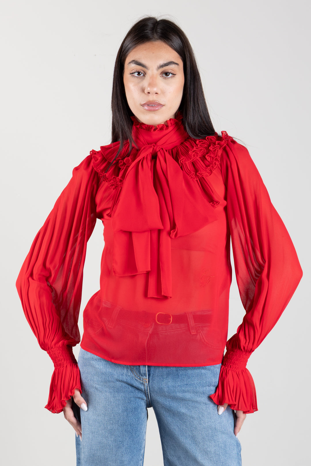 Elisabetta Franchi Blusa In Georgette con Fusciacca e Ruches CA17267E2 RED PASSION