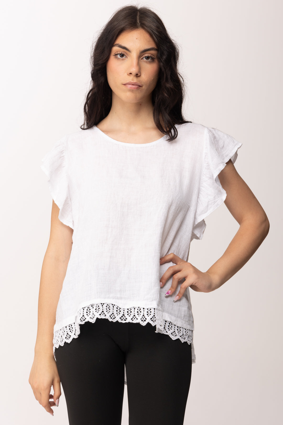 Khloe Femme Blusa In Lino con Volant e Pizzo Sangallo 26423 BIANCO