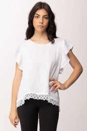 Khloe Femme Blusa In Lino con Volant e Pizzo Sangallo 26423 BIANCO