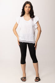 Khloe Femme Blusa In Lino con Volant e Pizzo Sangallo 26423 BIANCO