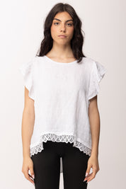 Khloe Femme Blusa In Lino con Volant e Pizzo Sangallo 26423 BIANCO