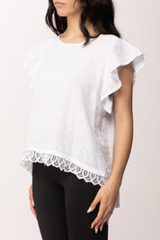 Khloe Femme Blusa In Lino con Volant e Pizzo Sangallo 26423 BIANCO