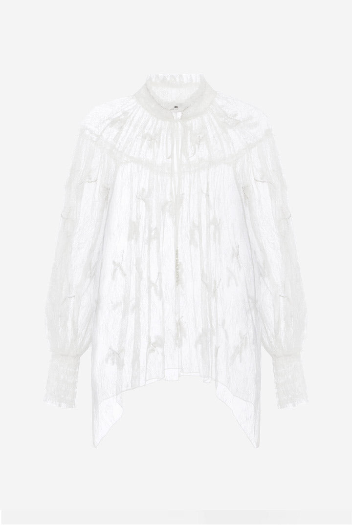 Elisabetta Franchi Blusa In Pizzo Ricamato con Ruches e Maniche Ampie RC01J67E2 AVORIO