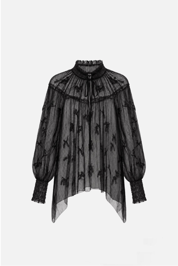 Elisabetta Franchi Blusa In Pizzo Ricamato con Ruches e Maniche Ampie RC01J67E2 NERO