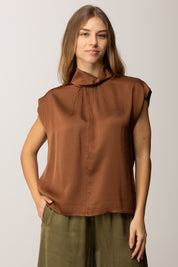 Manila Grace Blusa In Raso con Colletto C120VU COGNAC