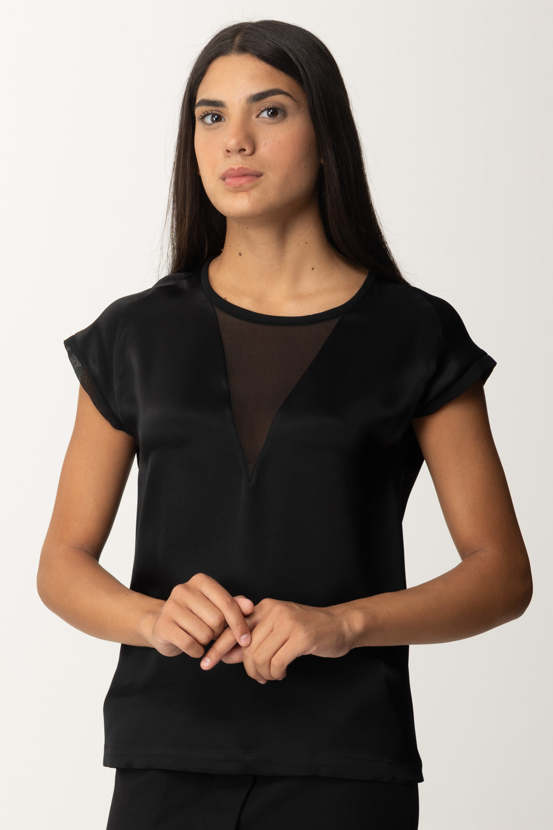 Pinko Blusa In Satin con Inserto In Georgette 103951 NERO LIMOUSINE