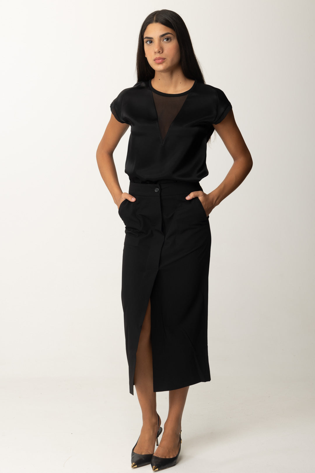 Pinko Blusa In Satin con Inserto In Georgette 103951 NERO LIMOUSINE