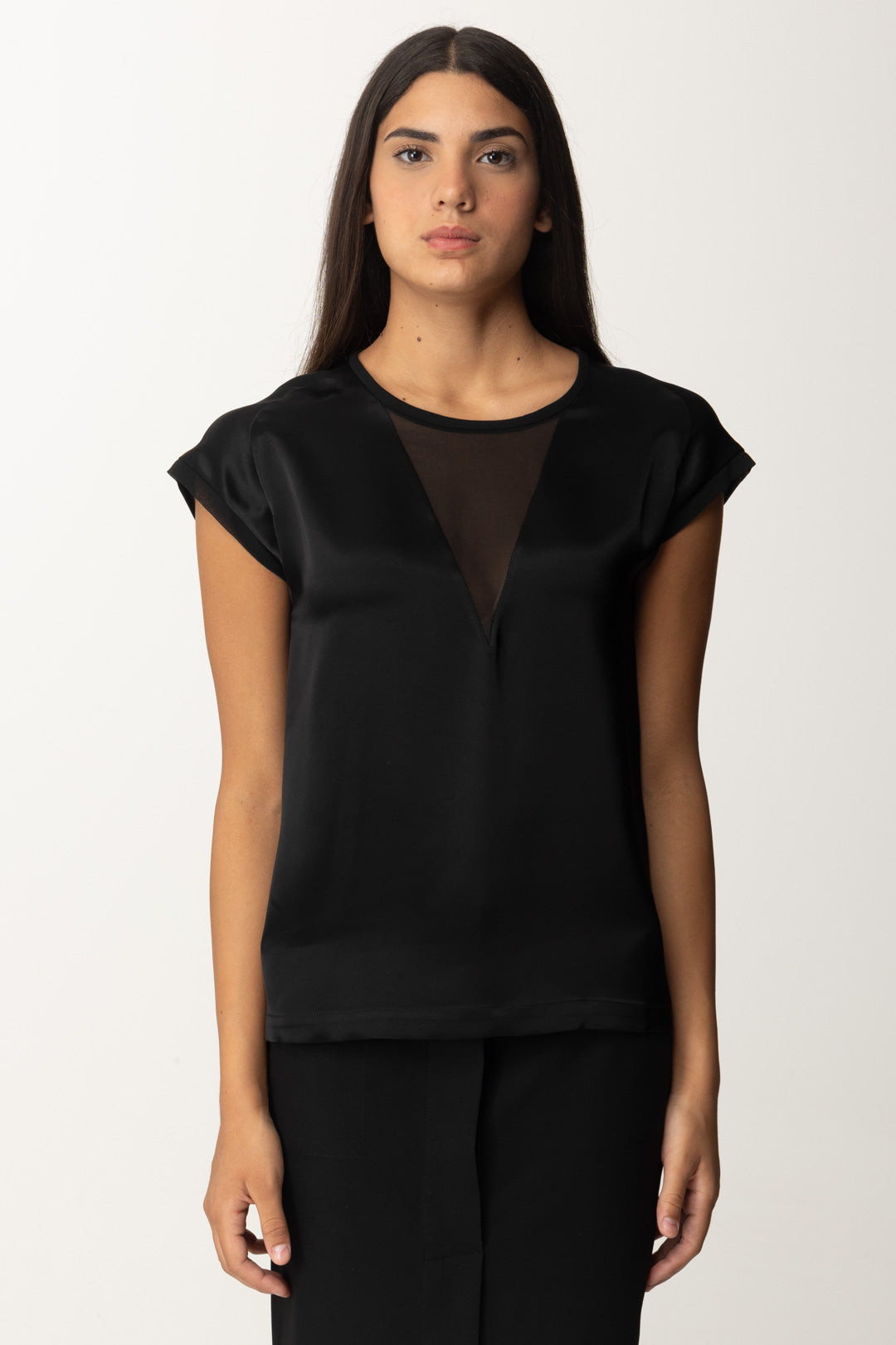 Pinko Blusa In Satin con Inserto In Georgette 103951 NERO LIMOUSINE