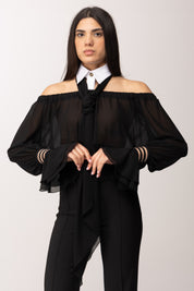 Elisabetta Franchi Blusa Off-shoulder con Colletto e Fusciacca CA13561E2 NERO/BIANCO