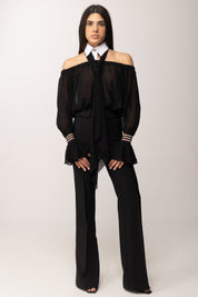 Elisabetta Franchi Blusa Off-shoulder con Colletto e Fusciacca CA13561E2 NERO/BIANCO