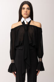 Elisabetta Franchi Blusa Off-shoulder con Colletto e Fusciacca CA13561E2 NERO/BIANCO