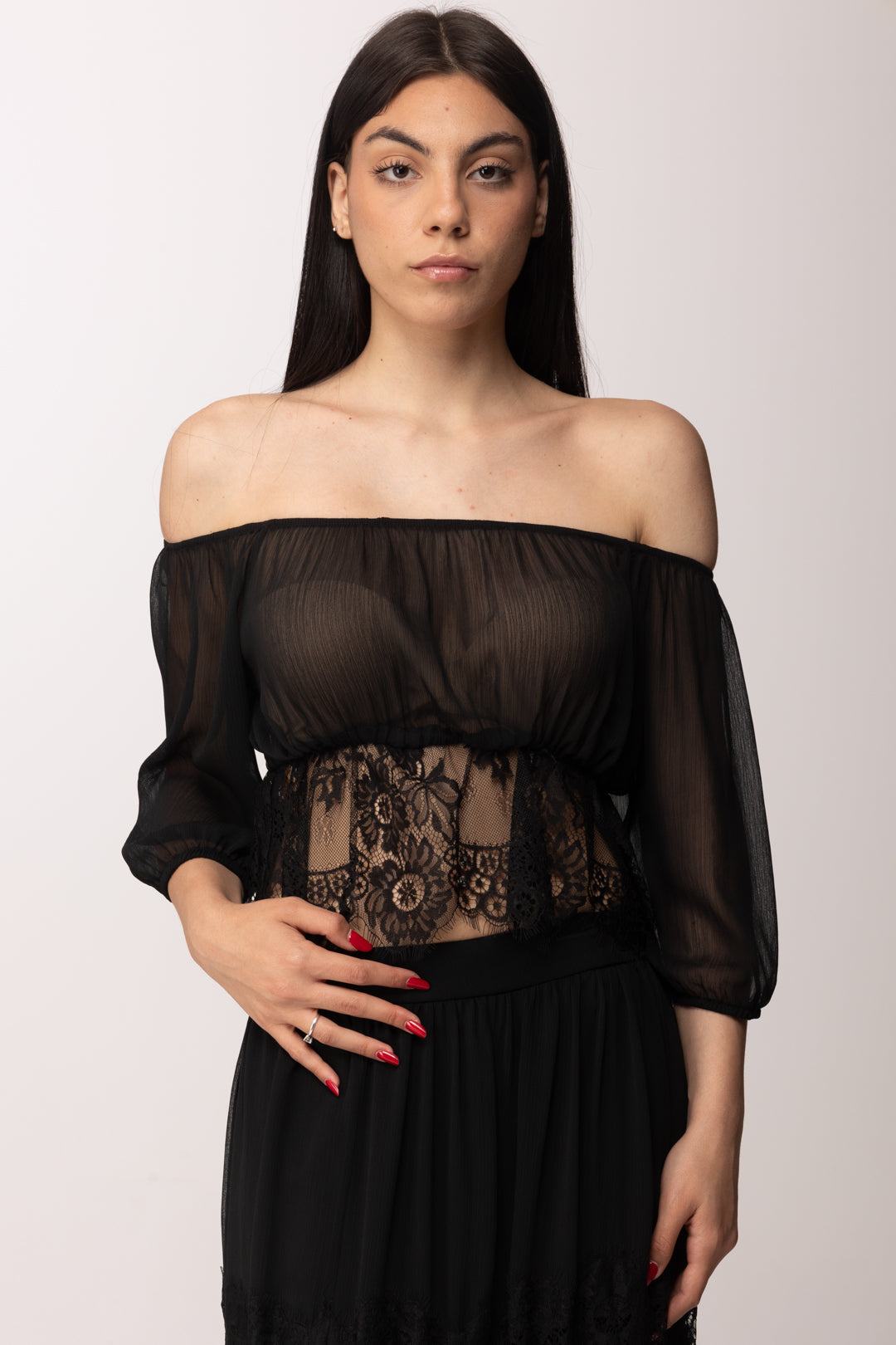 Hanita Blusa Off-shoulder In Chiffon con Inserti In Pizzo H.M3193.4574 NERO