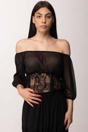 Hanita Blusa Off-shoulder In Chiffon con Inserti In Pizzo H.M3193.4574 NERO