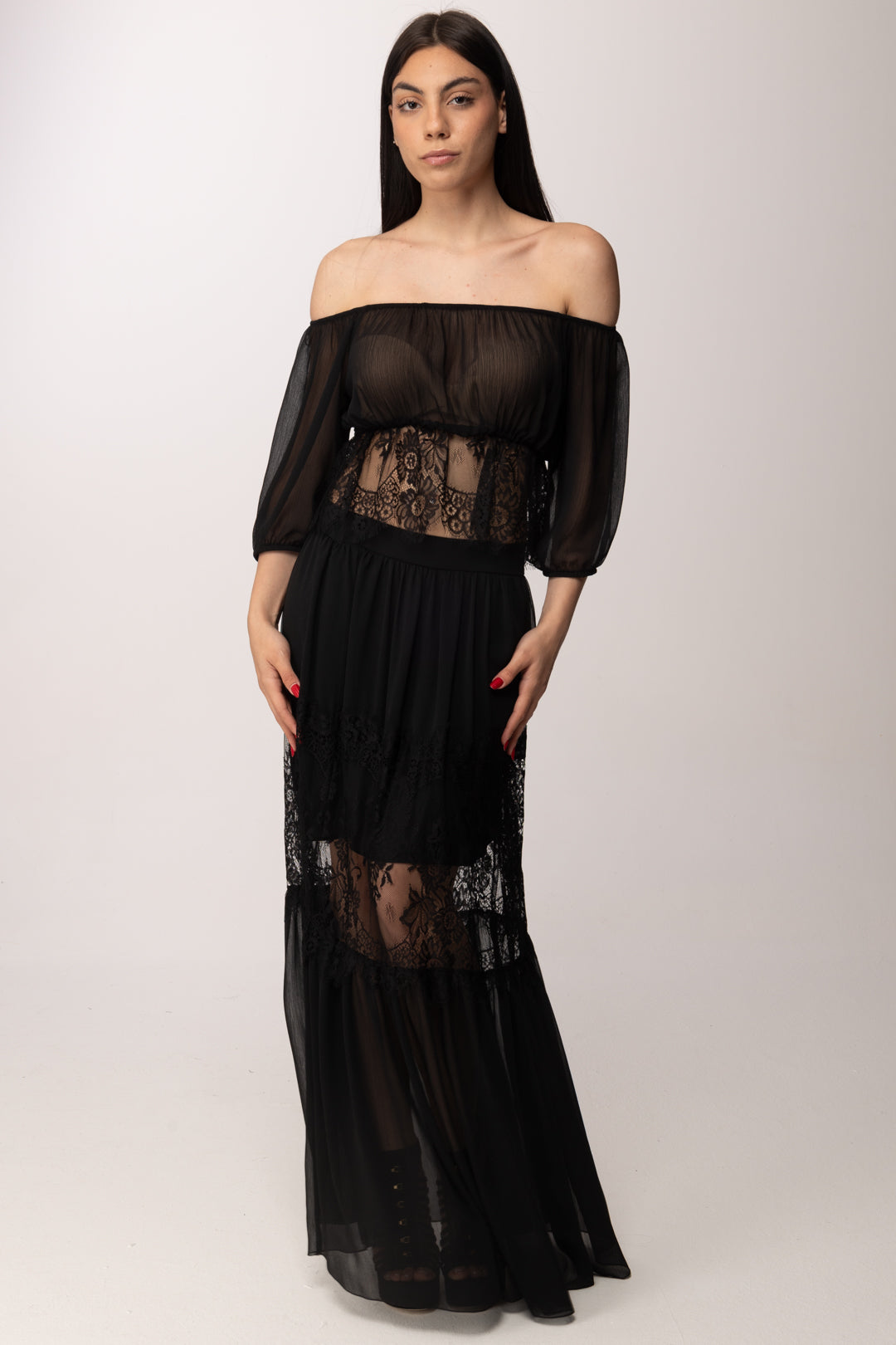 Hanita Blusa Off-shoulder In Chiffon con Inserti In Pizzo H.M3193.4574 NERO