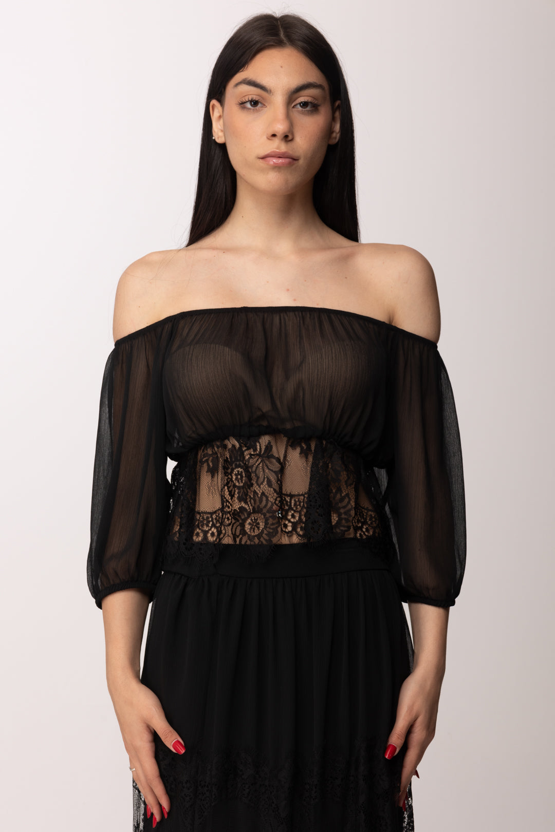 Hanita Blusa Off-shoulder In Chiffon con Inserti In Pizzo H.M3193.4574 NERO