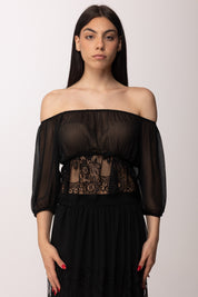 Hanita Blusa Off-shoulder In Chiffon con Inserti In Pizzo H.M3193.4574 NERO