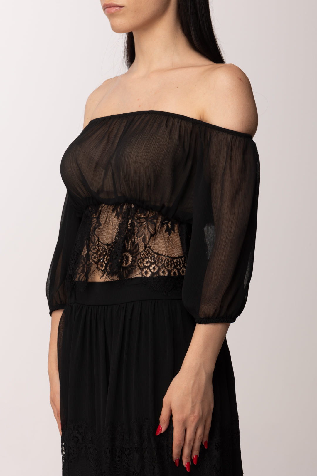 Hanita Blusa Off-shoulder In Chiffon con Inserti In Pizzo H.M3193.4574 NERO