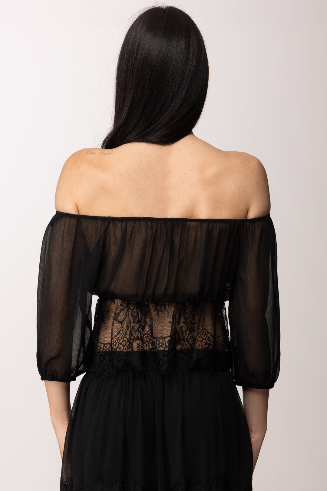 Hanita Blusa Off-shoulder In Chiffon con Inserti In Pizzo H.M3193.4574 NERO