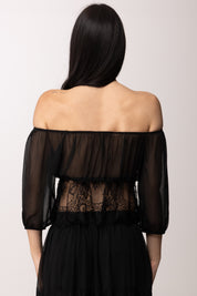 Hanita Blusa Off-shoulder In Chiffon con Inserti In Pizzo H.M3193.4574 NERO