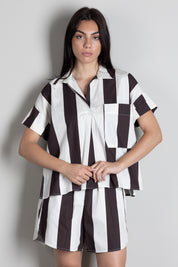 Vicolo Blusa Rigata Mezza Manica con Taschino TAB2907 BURRO/MORO