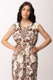 Khloe Femme Blusa Smanicata Fantasia Floreale con Cinturino In Stoffa 26476 BEIGE/CACAO