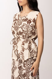 Khloe Femme Blusa Smanicata Fantasia Floreale con Cinturino In Stoffa 26476 BEIGE/CACAO