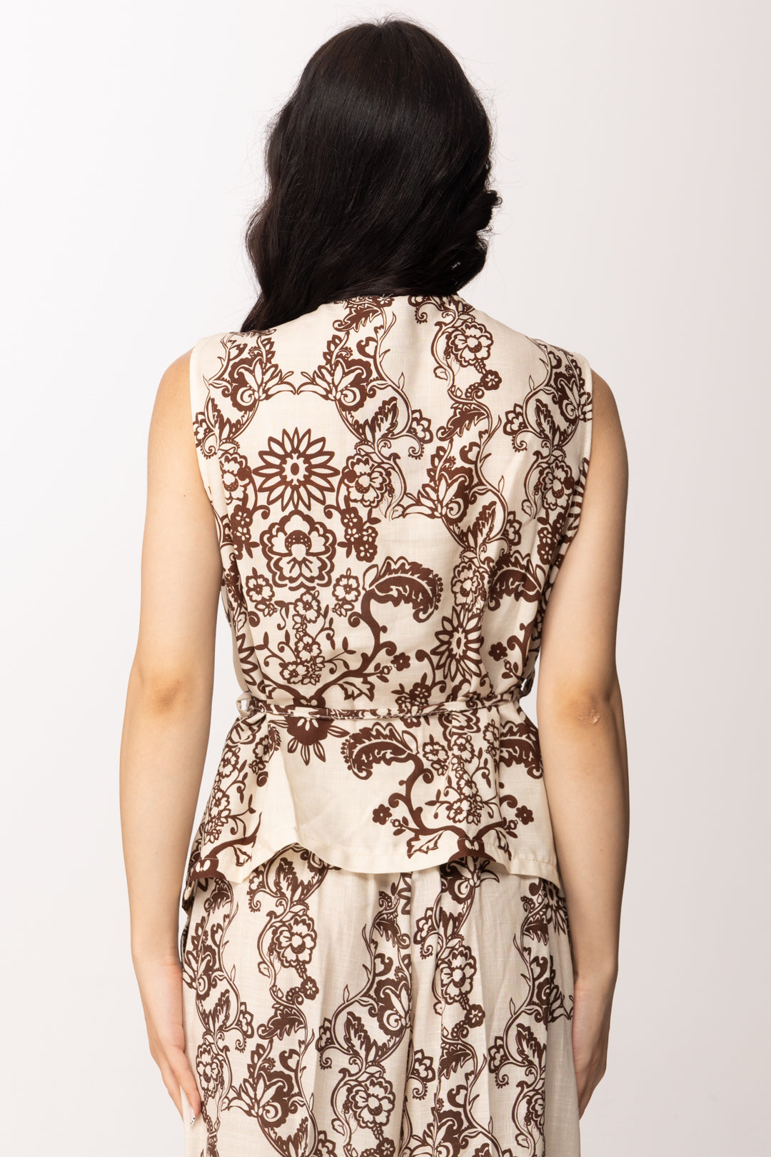 Khloe Femme Blusa Smanicata Fantasia Floreale con Cinturino In Stoffa 26476 BEIGE/CACAO