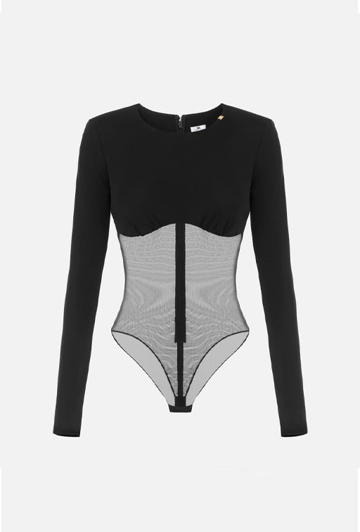 Elisabetta Franchi Body Bimateriale In Jersey Crêpe e Tulle Rete BO02666E2 NERO