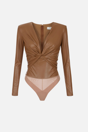Elisabetta Franchi Body con Nodo Drappeggiato Effetto Pelle BO04566E2 SIGARO
