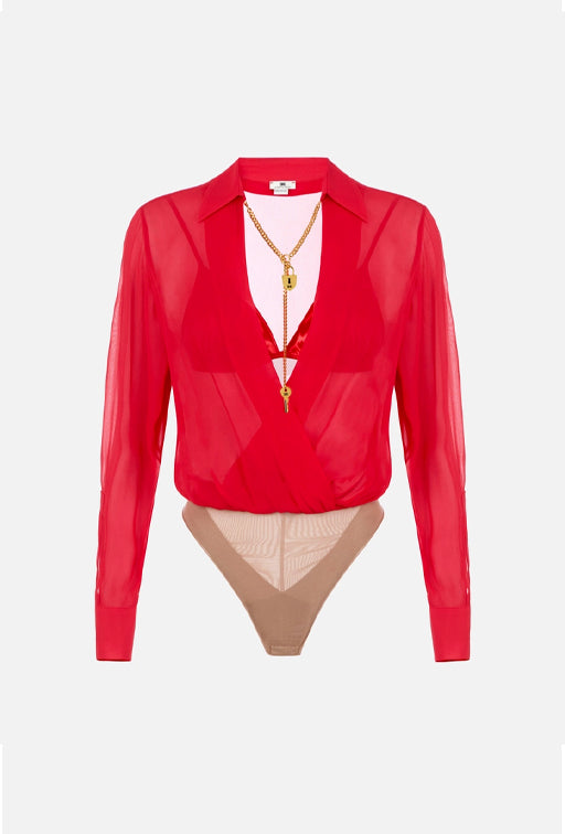 Elisabetta Franchi Body In Georgette con Catena Gioiello CB00966E2 RED PASSION