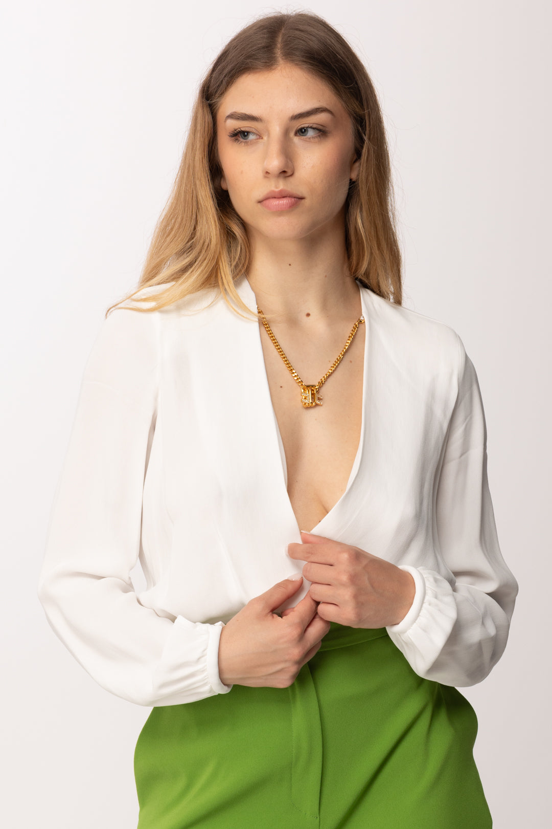 Elisabetta Franchi Body In Georgette Di Viscosa a Incrocio con Collana CB00762E2 AVORIO
