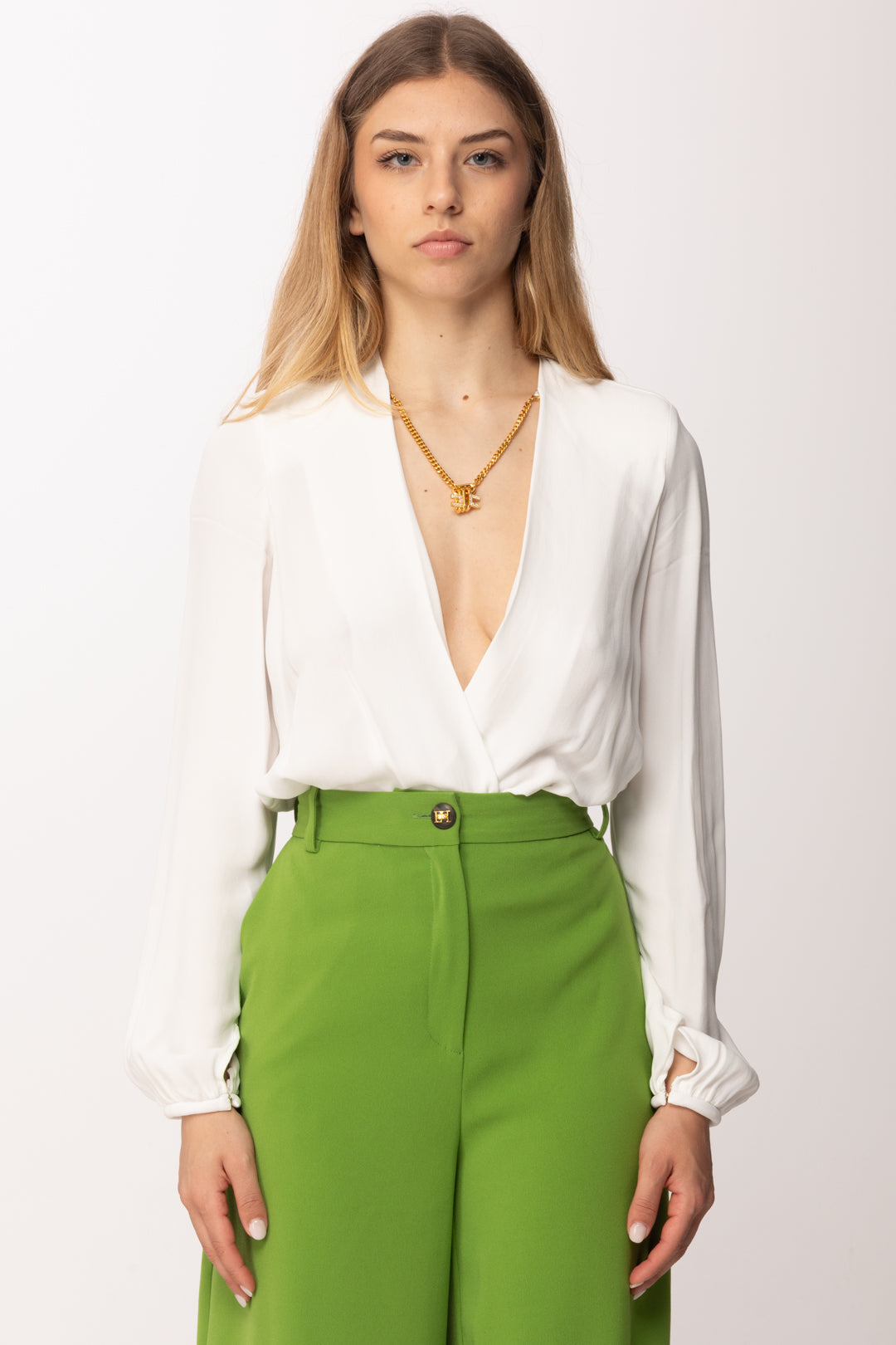 Elisabetta Franchi Body In Georgette Di Viscosa a Incrocio con Collana CB00762E2 AVORIO