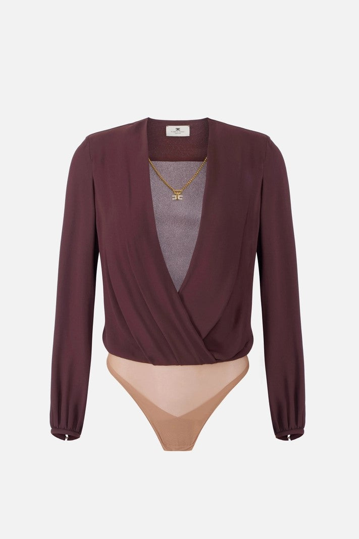 Elisabetta Franchi Body In Georgette Di Viscosa a Incrocio con Collana CB00762E2 CACAO