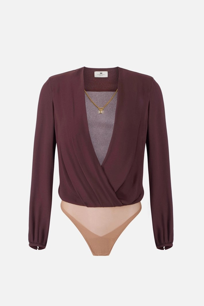 Elisabetta Franchi Body In Georgette Di Viscosa a Incrocio con Collana CB00762E2 CACAO