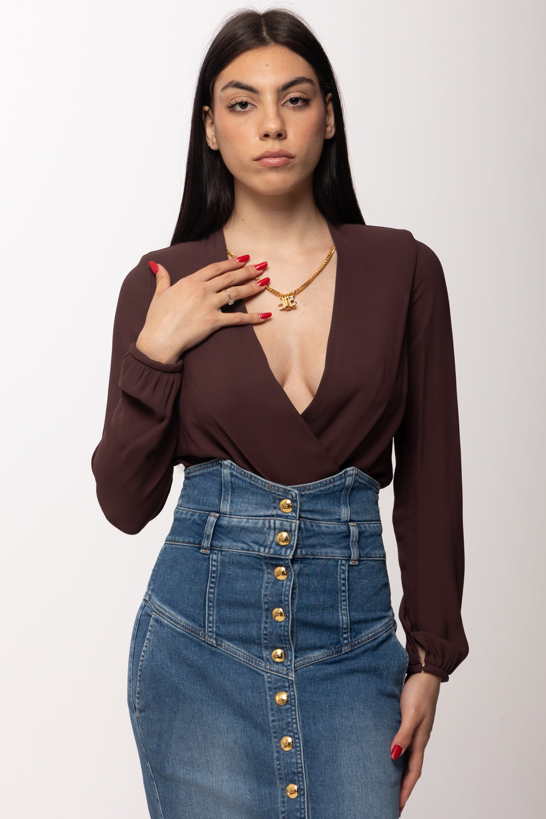 Elisabetta Franchi Body In Georgette Di Viscosa a Incrocio con Collana CB00762E2 CACAO