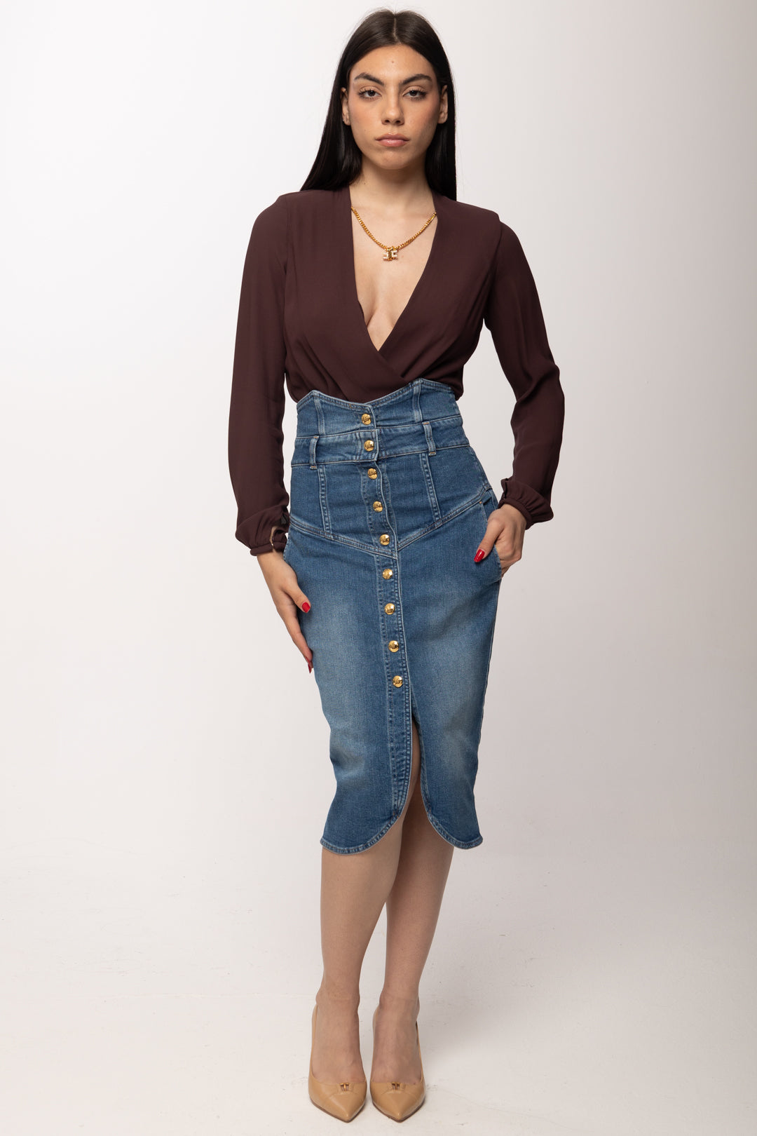 Elisabetta Franchi Body In Georgette Di Viscosa a Incrocio con Collana CB00762E2 CACAO