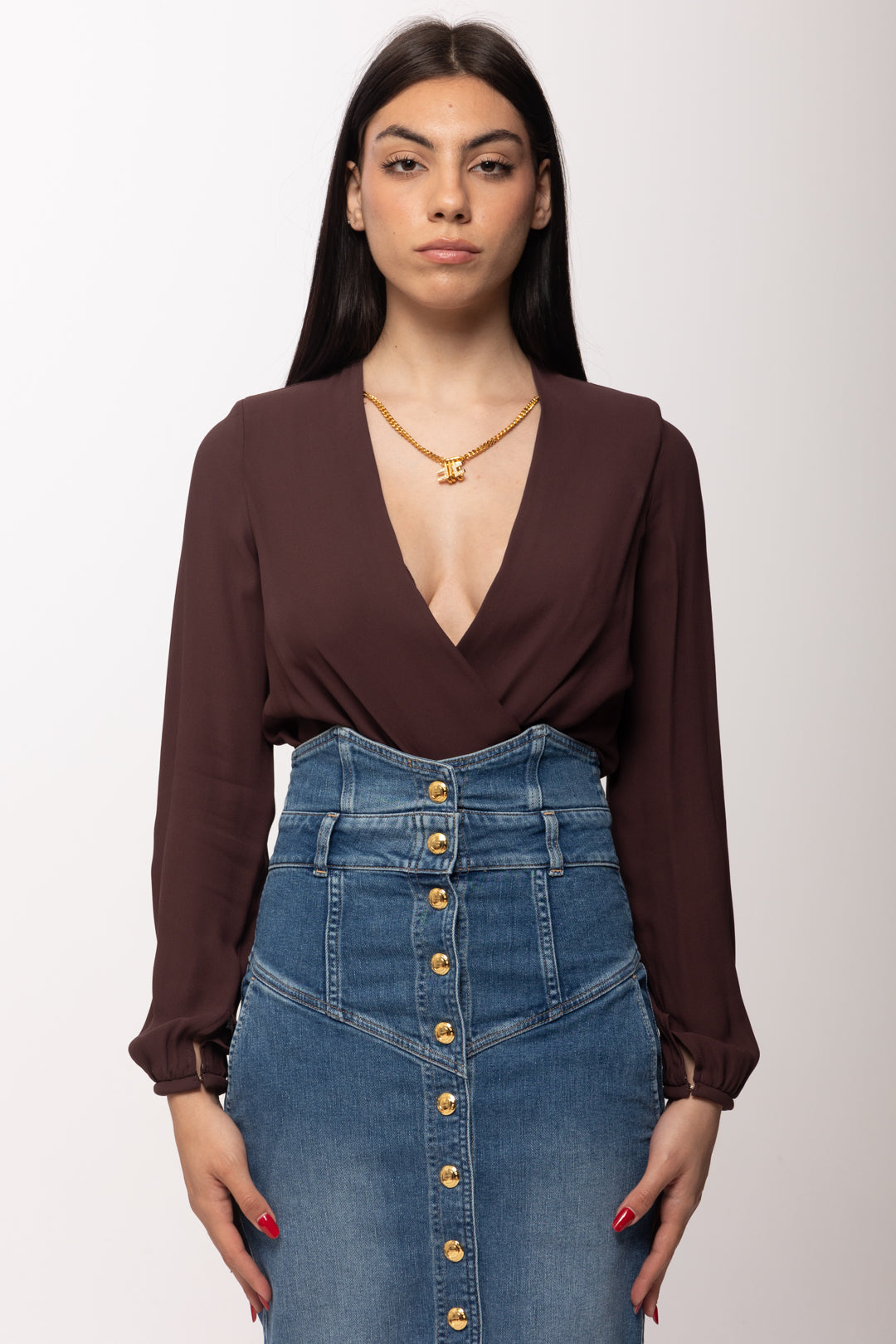 Elisabetta Franchi Body In Georgette Di Viscosa a Incrocio con Collana CB00762E2 CACAO