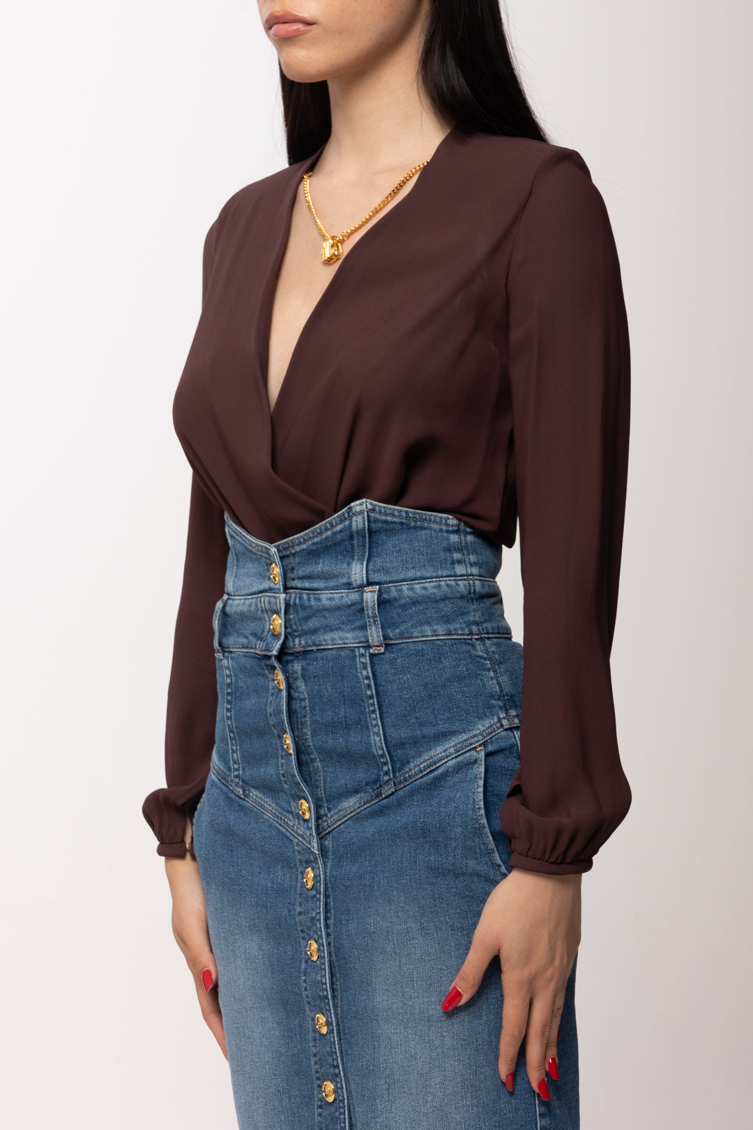 Elisabetta Franchi Body In Georgette Di Viscosa a Incrocio con Collana CB00762E2 CACAO