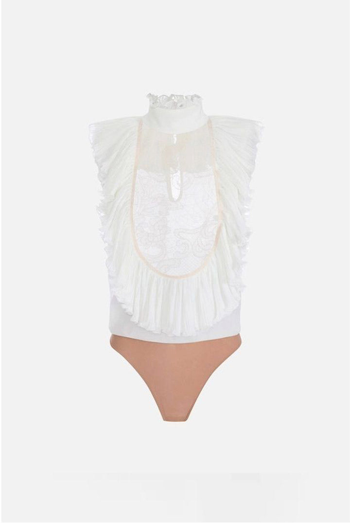 Elisabetta Franchi Body In Georgette e Pizzo con Ruches CB01067E2 AVORIO