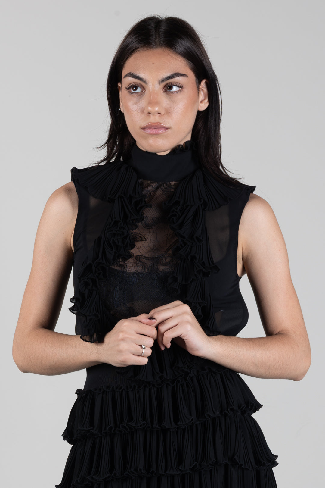 Elisabetta Franchi Body In Georgette e Pizzo con Ruches CB01067E2 NERO