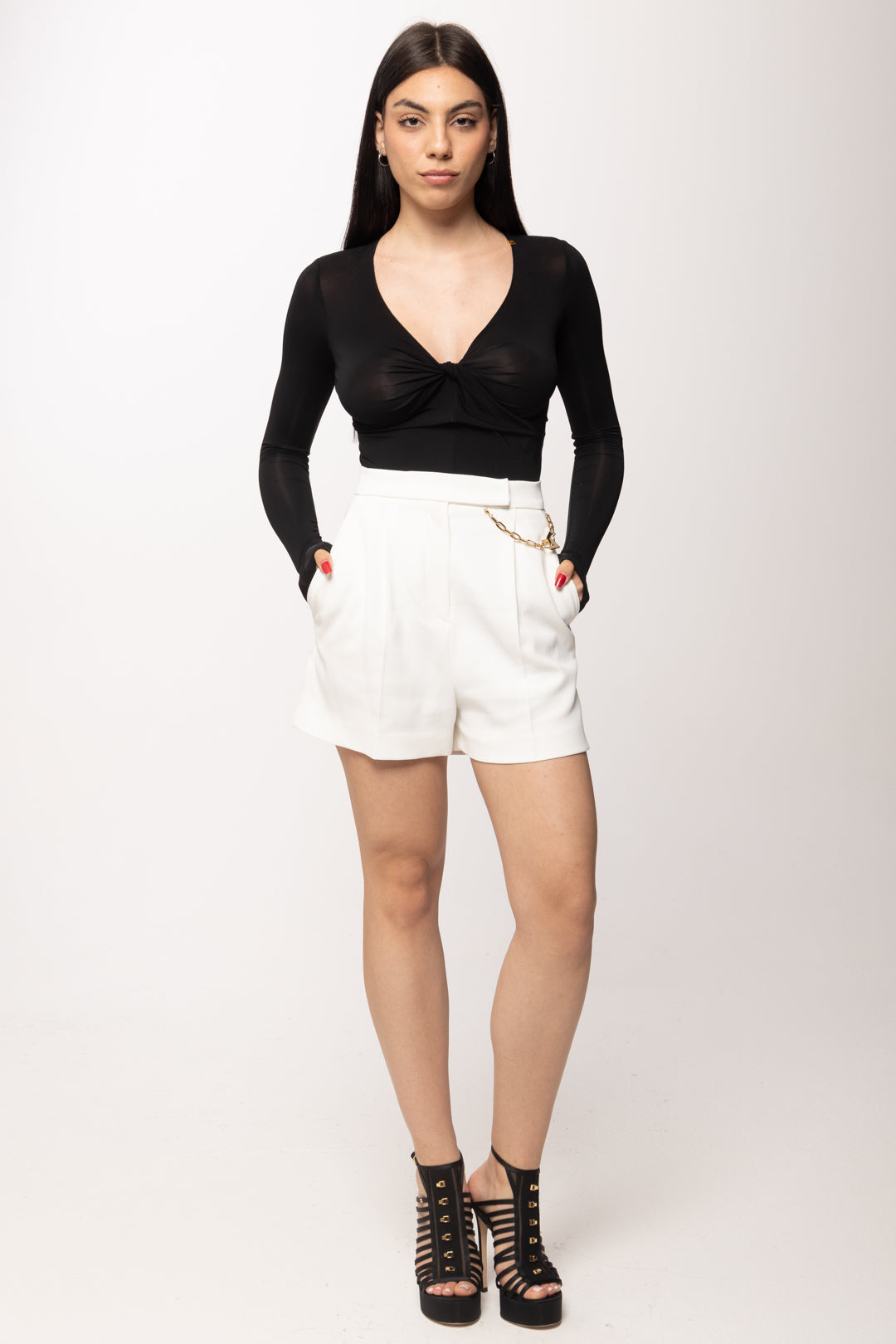 Elisabetta Franchi Body In Jersey Crêpe con Nodo e Drappeggio BO01261E2 NERO