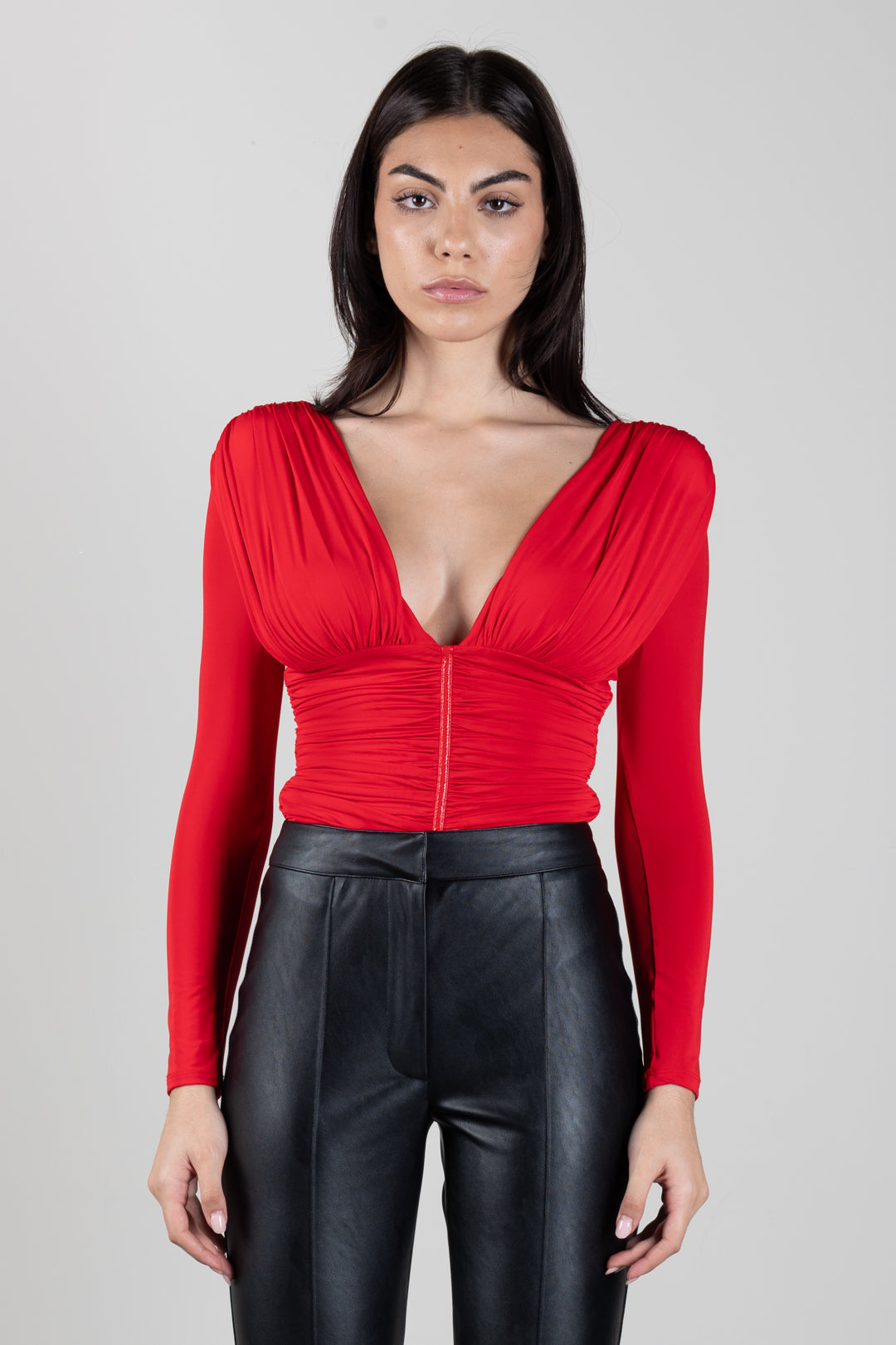 Elisabetta Franchi Body In Jersey Crêpe Leggero con Drappeggi BO04367E2 RED PASSION