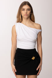Elisabetta Franchi Body In Jersey Drappeggiato con Spalla Gioiello BO01361E2 AVORIO